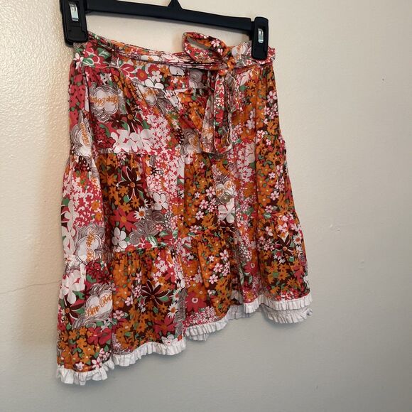 Vintage Apple Bottom Floral Mini Skirt Y2K Boho Ruffle Hem Tie Waist- Small - Picture 4 of 10